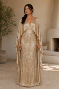 Pleated Satin Cape Gown with Embroidered Skirt