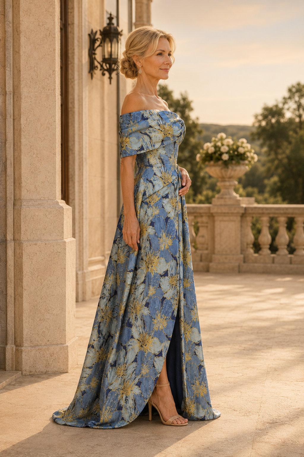 Off-the-Shoulder Floral Jacquard Gown with Slit