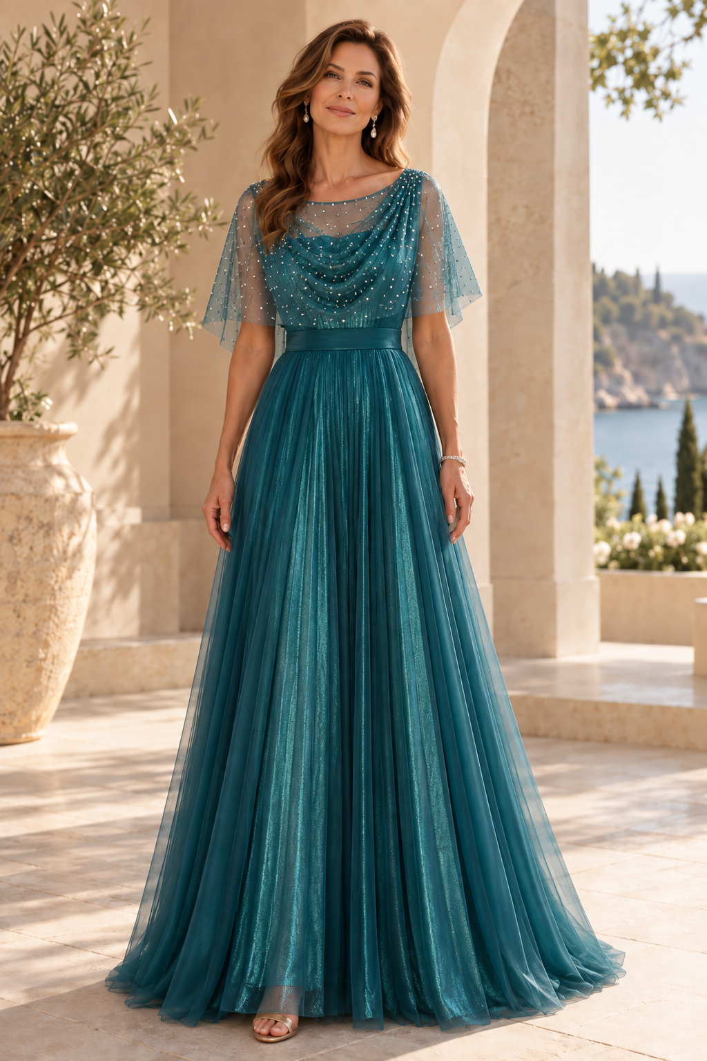 Glitter Tulle Cowl Neck A-Line Gown with Capelet
