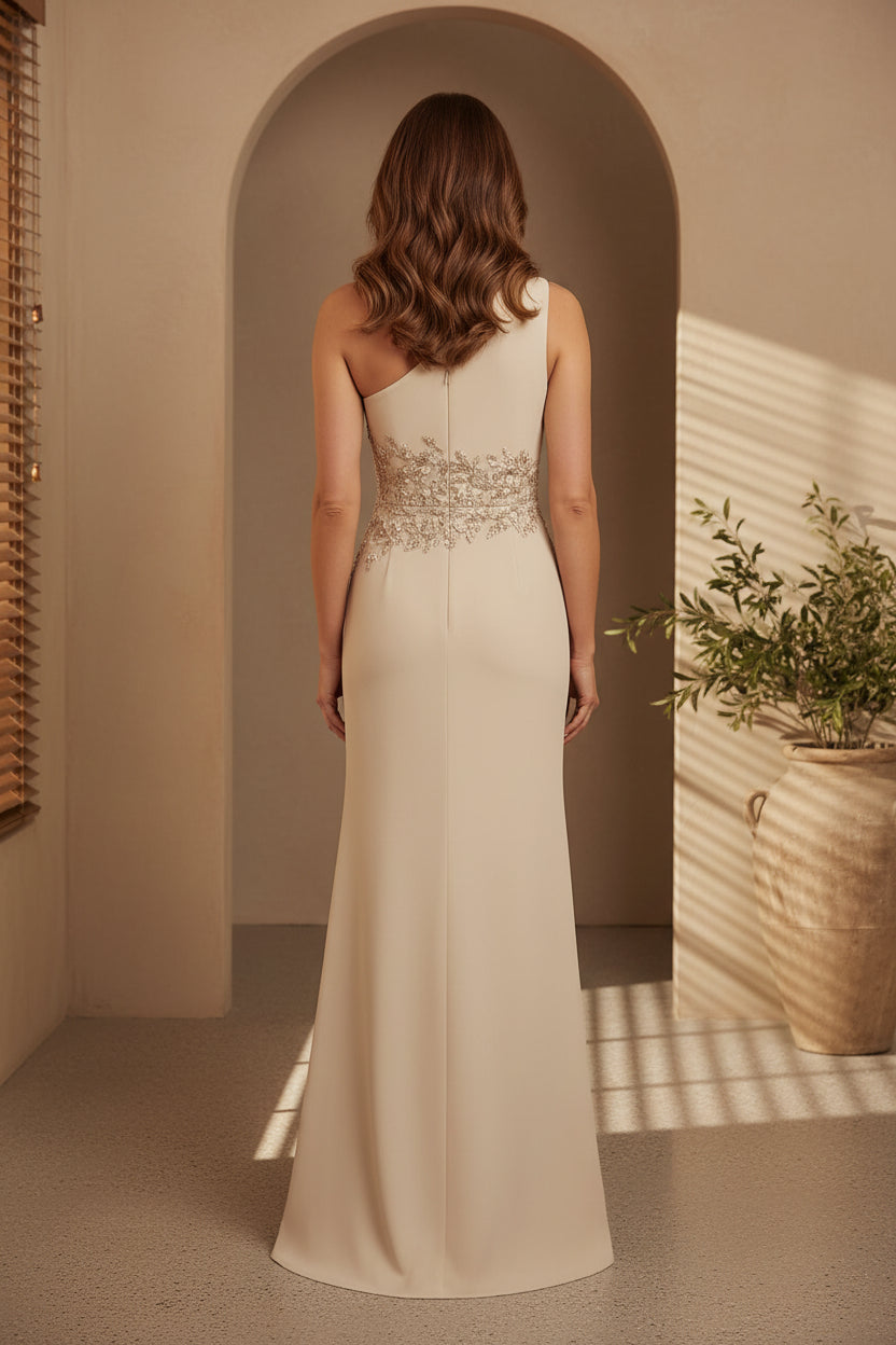 One-Shoulder Lace Waist Crepe Evening Gown