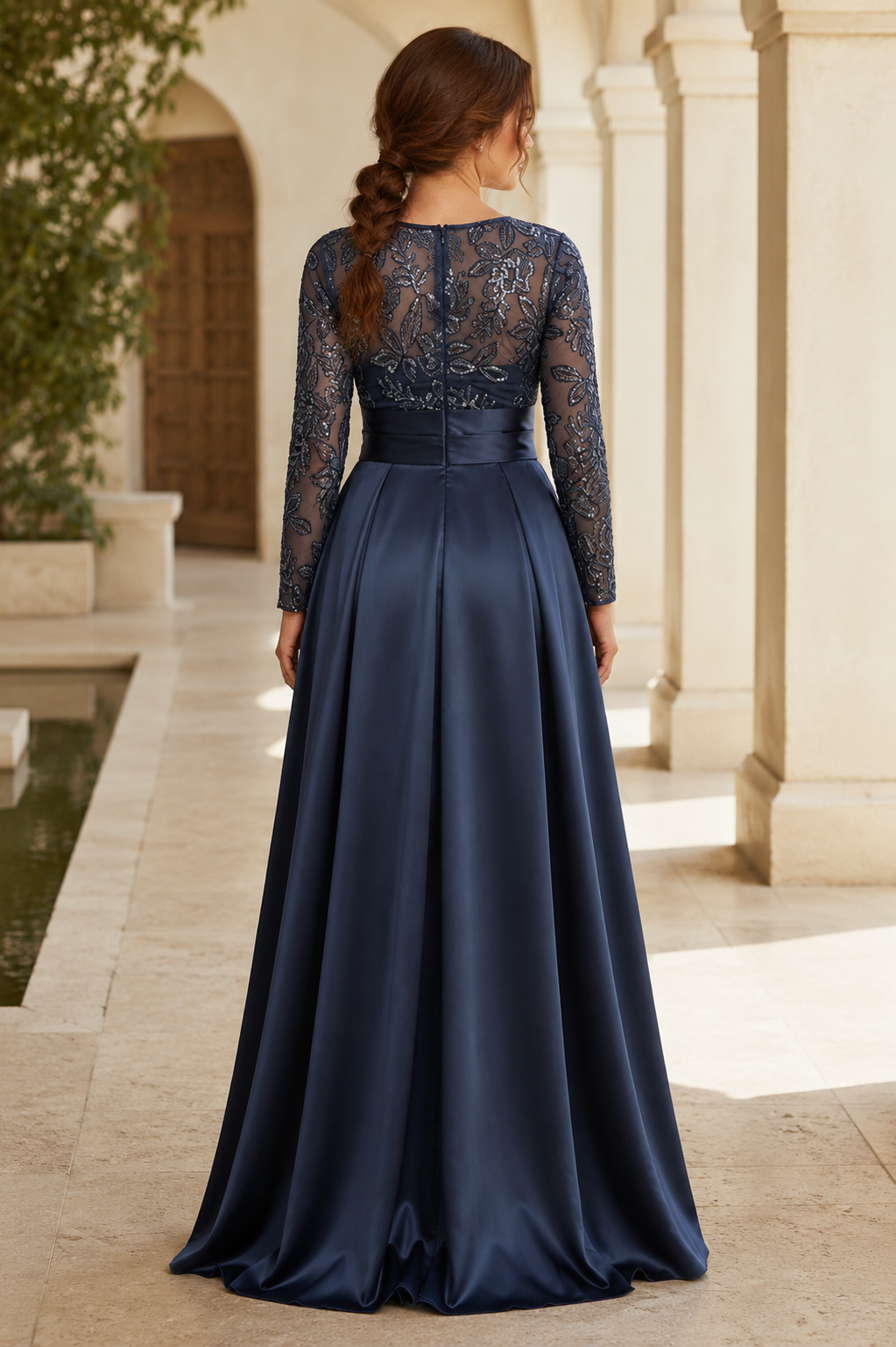 Sequined Lace Long-Sleeve A-Line Satin Gown with High Slit