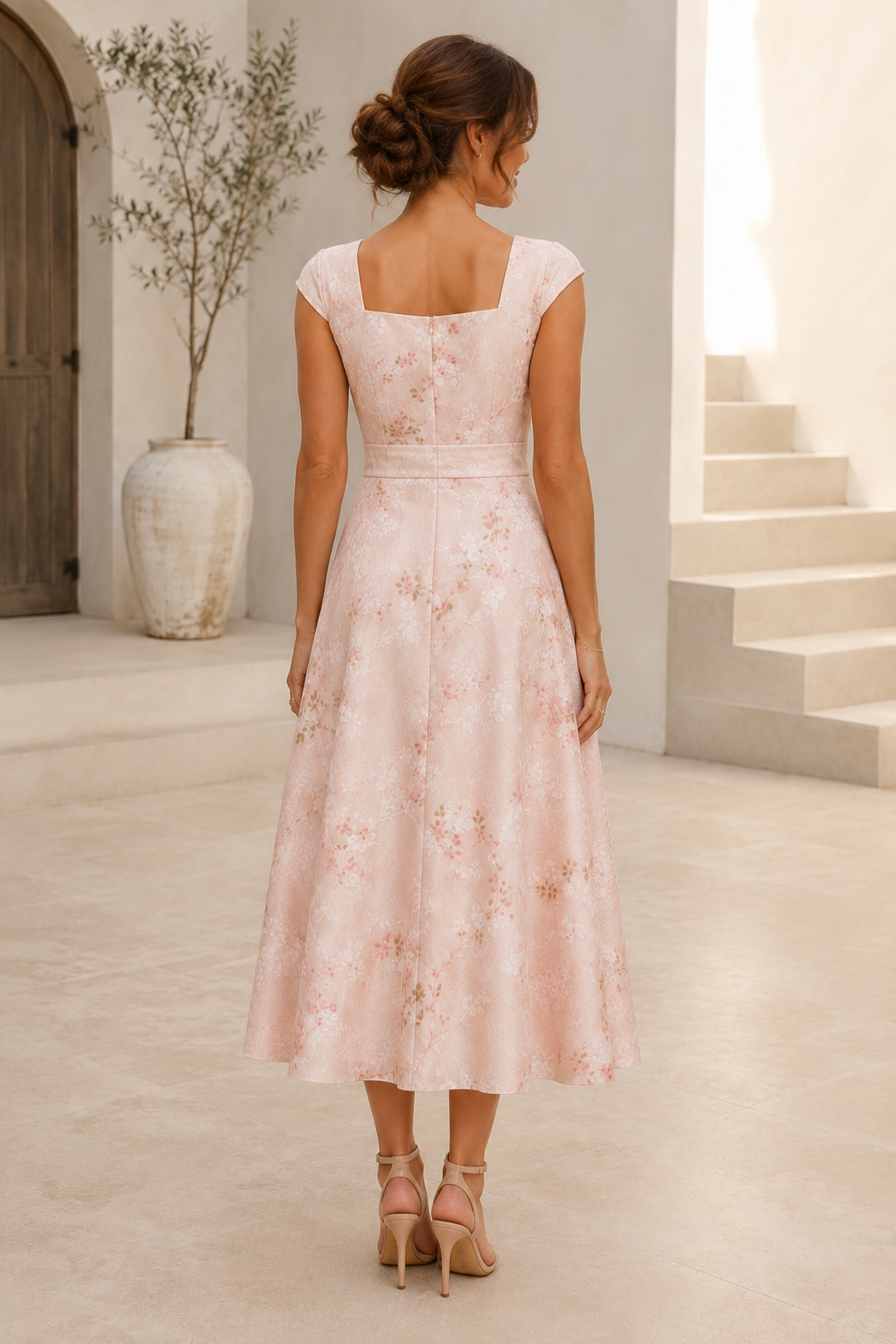 Floral Jacquard Cap Sleeve Midi Dress