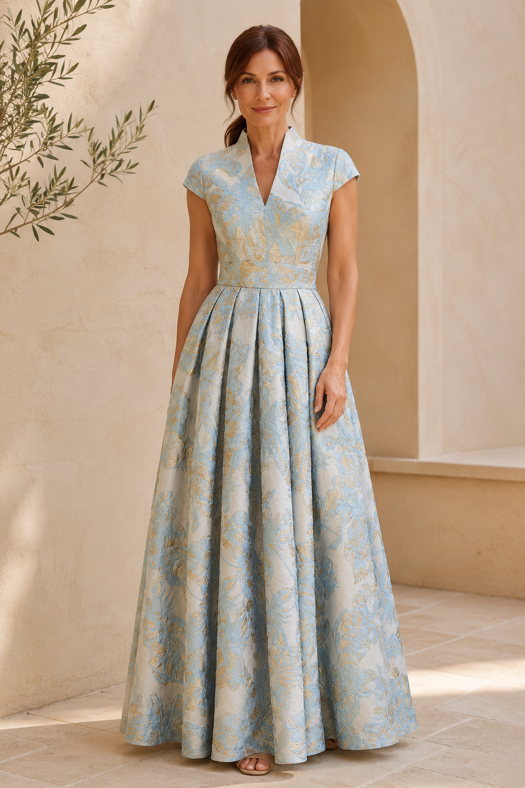 Floral Jacquard V-Neck A-Line Gown with Cap Sleeves