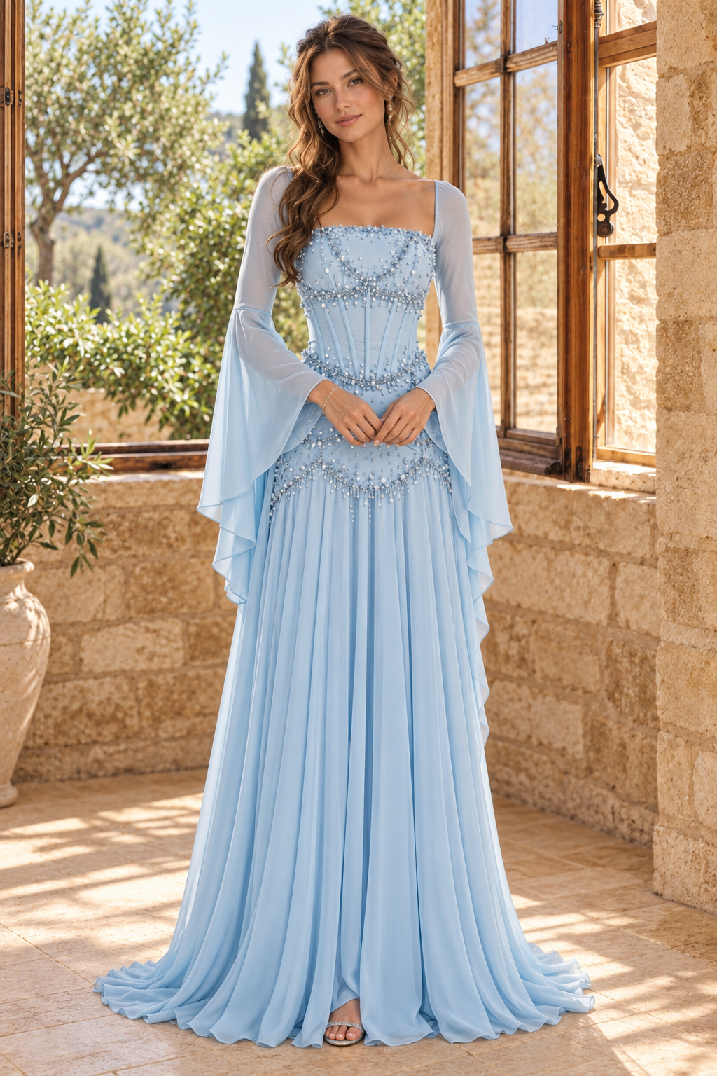 Beaded Corset Evening Gown with Bell Sleeves
