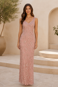 Floral Embroidered V-Neck Sheath Gown