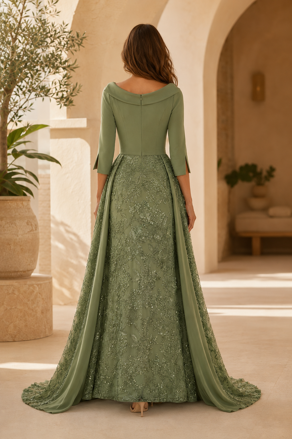 Bateau Neck Lace A-Line Gown with Overskirt