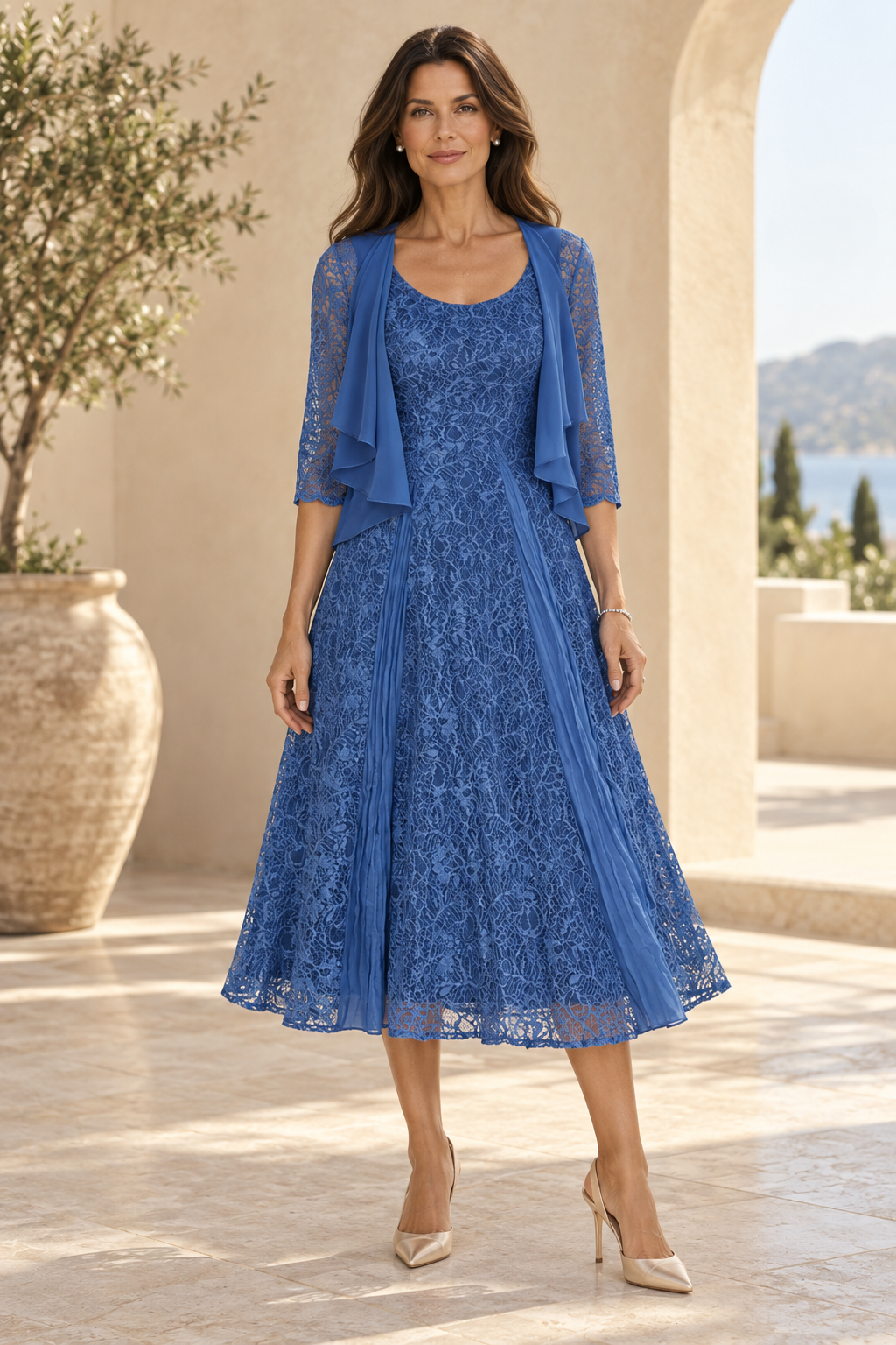 Lace Midi A-Line Dress with Layered Bolero Jacket