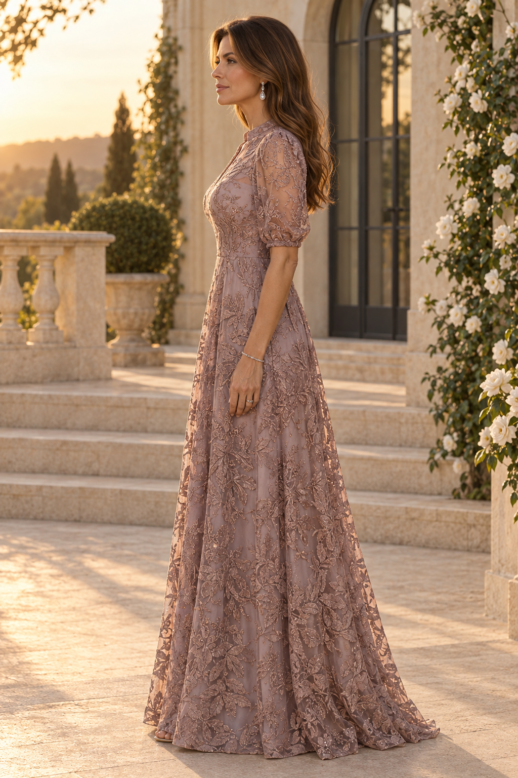 Embroidered Lace A-Line Gown with Puff Sleeves
