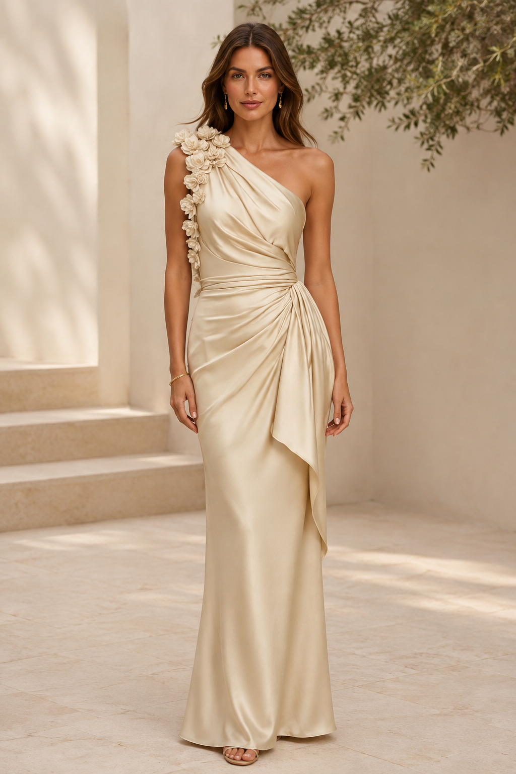 One-Shoulder Satin Gown with 3D Flowers