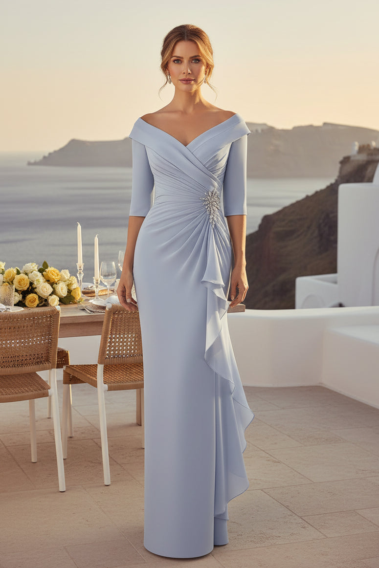 Off-The-Shoulder Ruched Gown with Cascade Drape