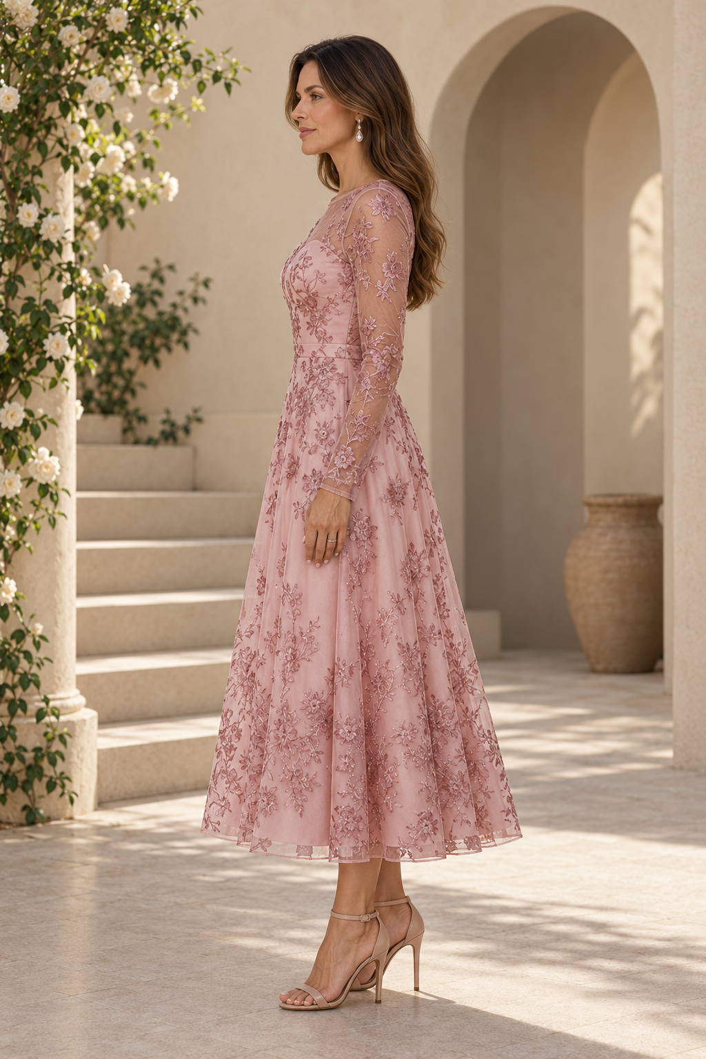 Floral Embroidered Illusion Neck Midi Dress