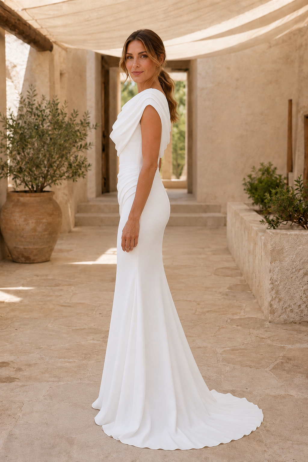 Cowl Neck Ruched Mermaid Gown with Train