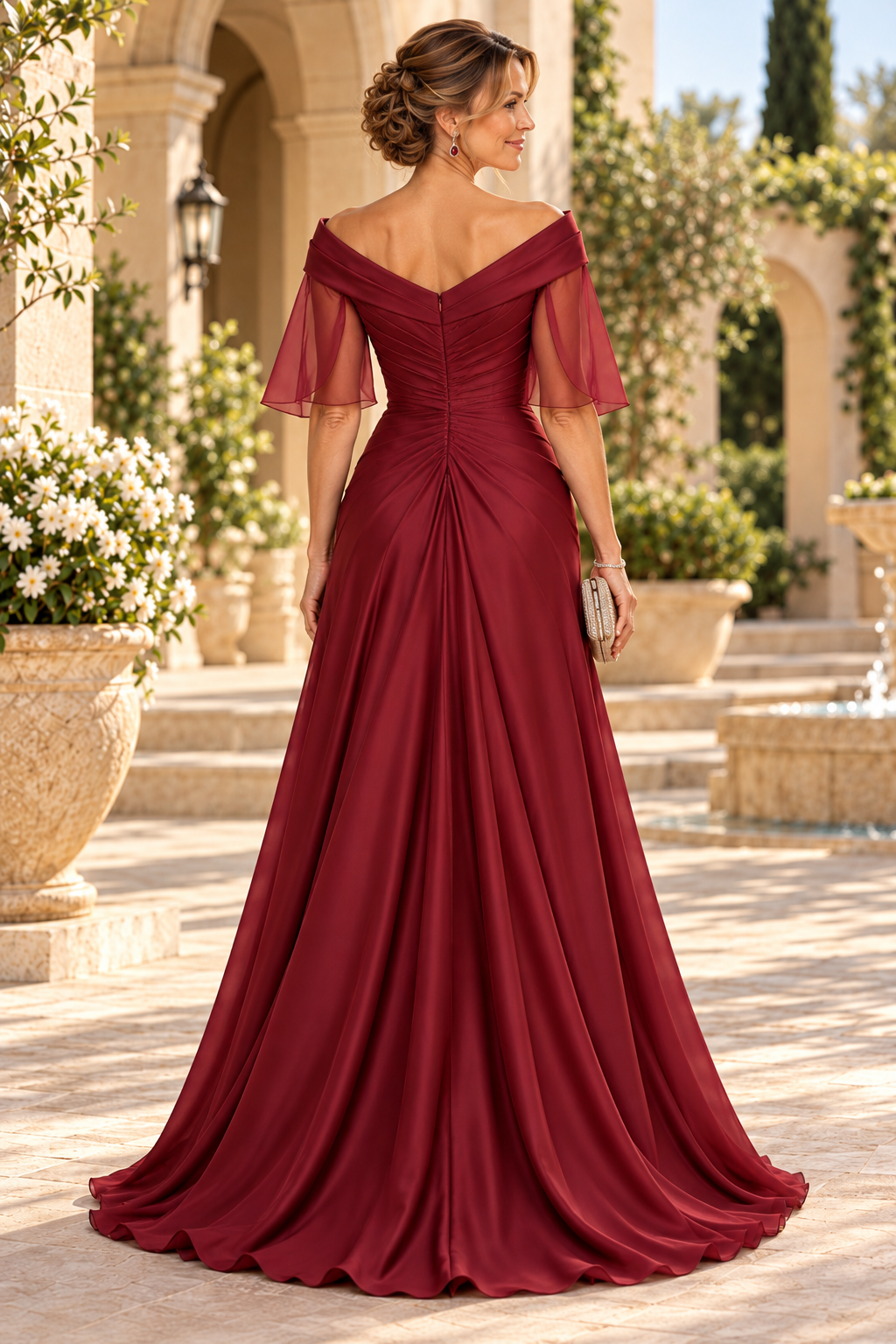 Off-Shoulder Ruched Gown with Flutter Sleeves