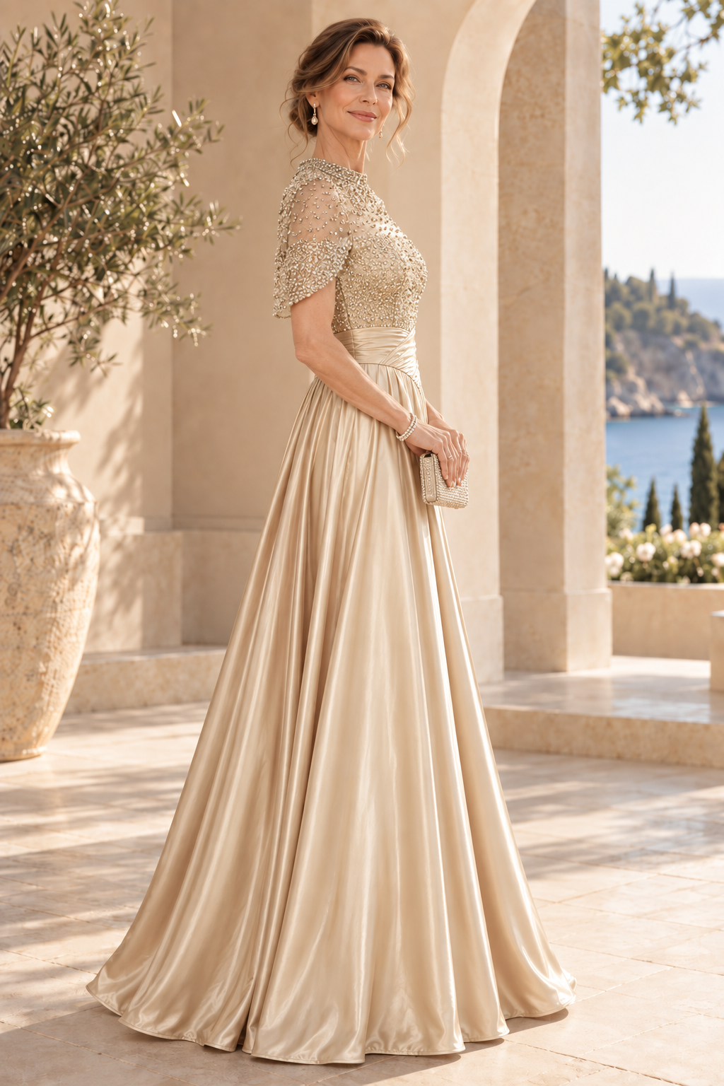 Beaded Illusion Capelet Satin A-Line Gown