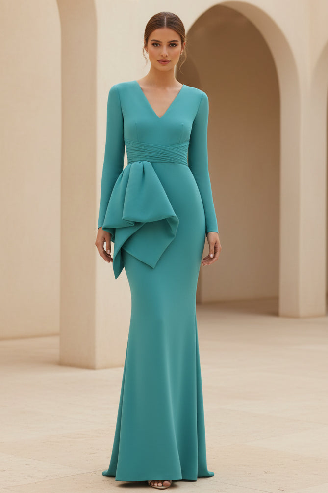 V-Neck Long Sleeve Peplum Mermaid Evening Gown
