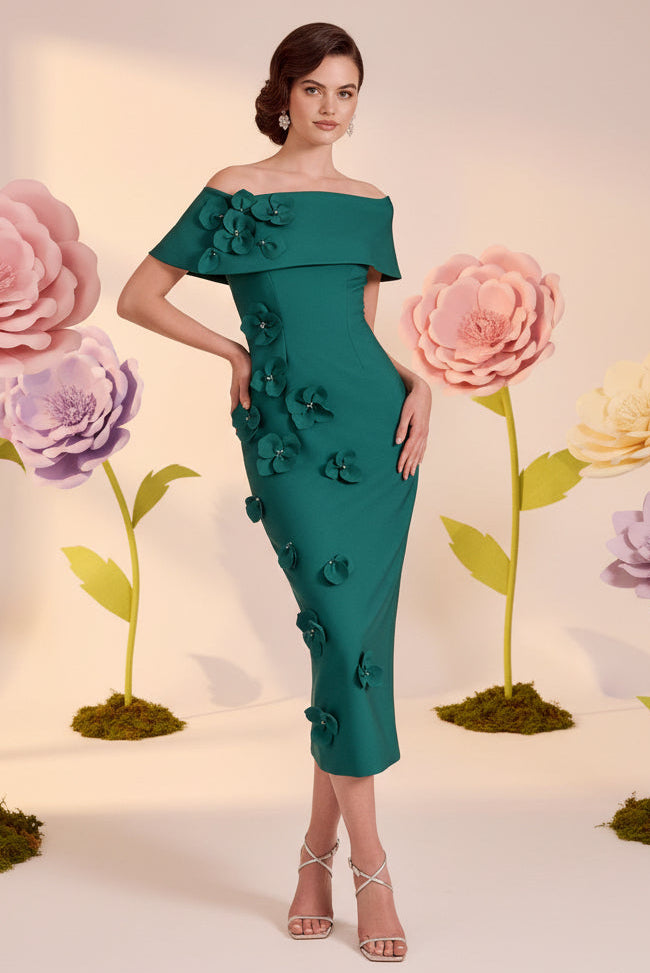 Off-the-Shoulder 3D Floral Midi Dress