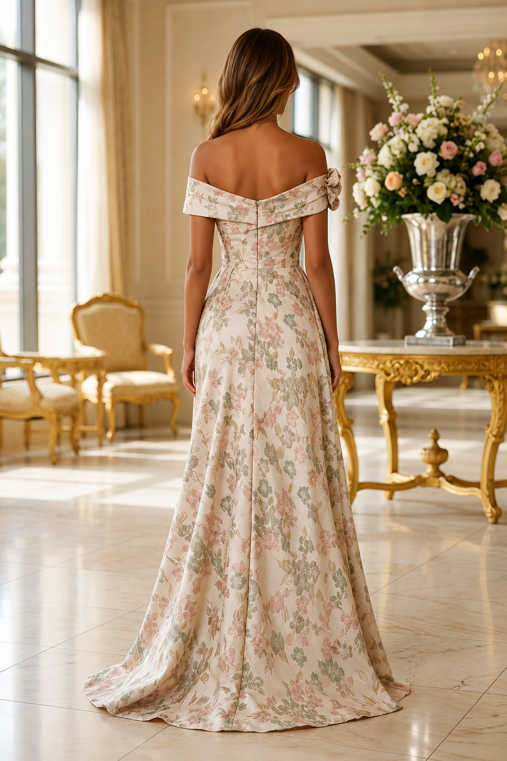 Off-Shoulder Floral Jacquard A-Line Evening Gown