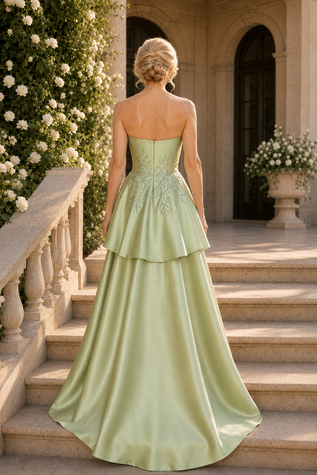 Strapless Tiered Satin Evening Gown with Embroidery