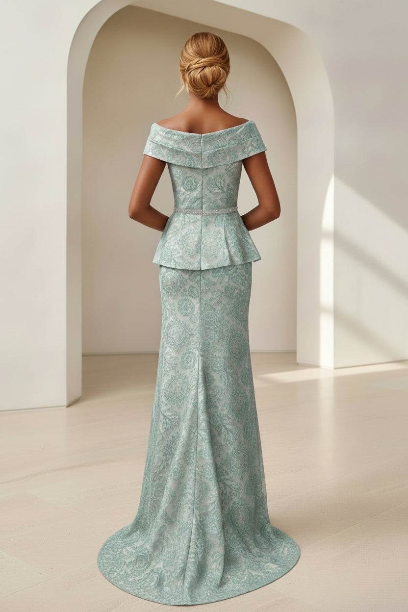 Off-the-Shoulder Peplum Jacquard Mermaid Gown