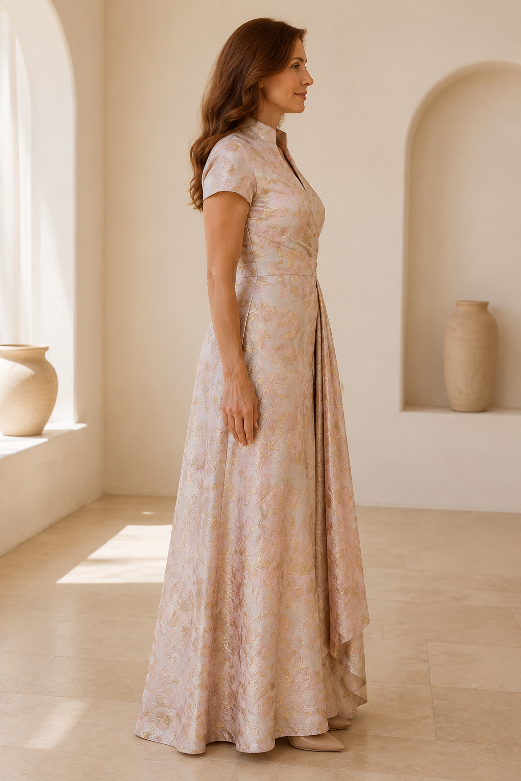 Floral Jacquard A-Line Wrap Gown with Stand Collar