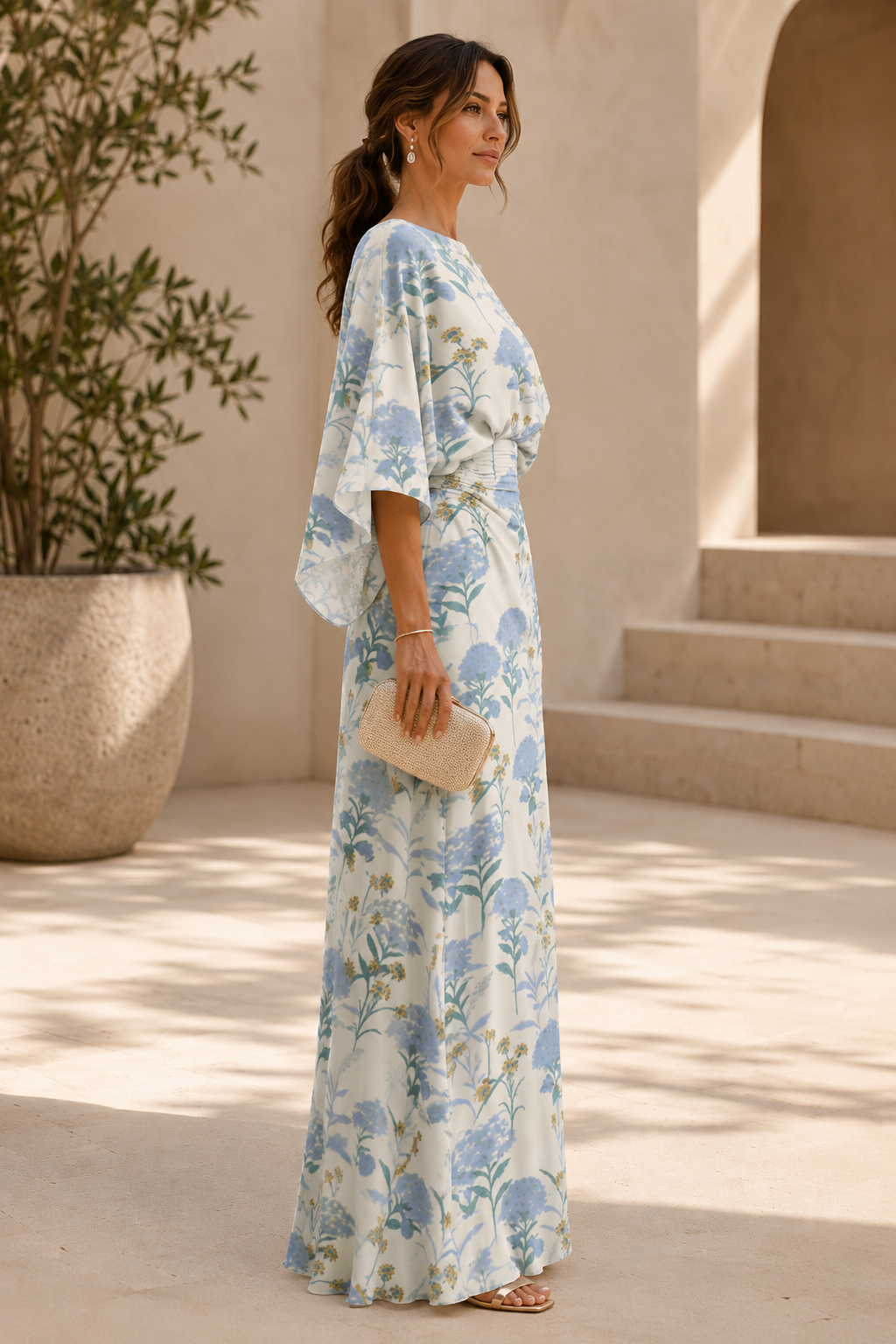Floral Print Bateau Neck Maxi Dress with Bell Sleeves