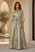 Metallic Floral Jacquard Shirt Dress with Belted Waist