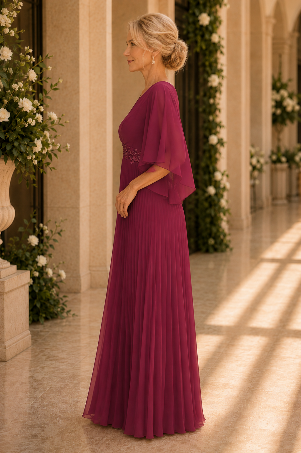 Pleated Chiffon A-Line Gown with Flutter Sleeves