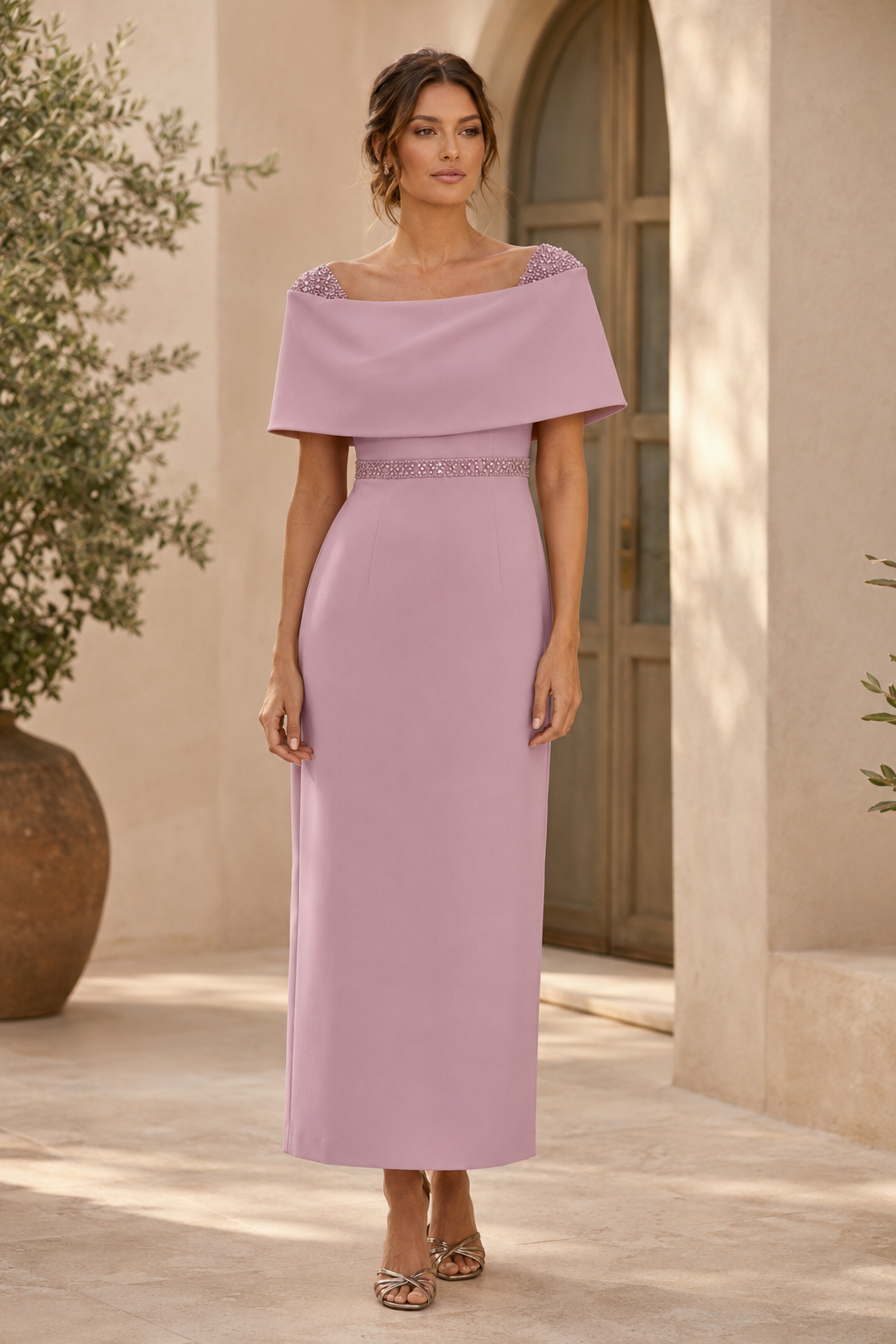 Bow Back Column Dress with Beaded Waistband