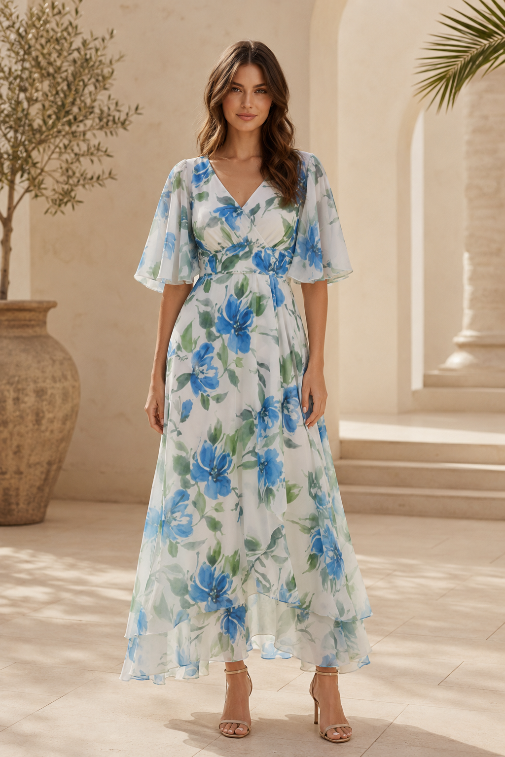 Floral Flutter Sleeve High-Low Maxi Dress