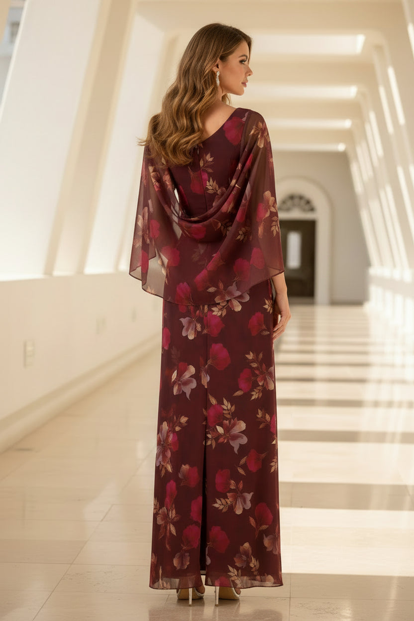 Floral Chiffon Cape Sleeve Floor-Length Gown
