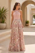 Halter Neck Floral Embroidered A-Line Evening Gown