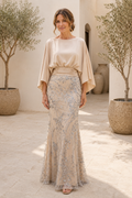 Bateau Neck Gown with Cape Sleeves and Sequin Skirt