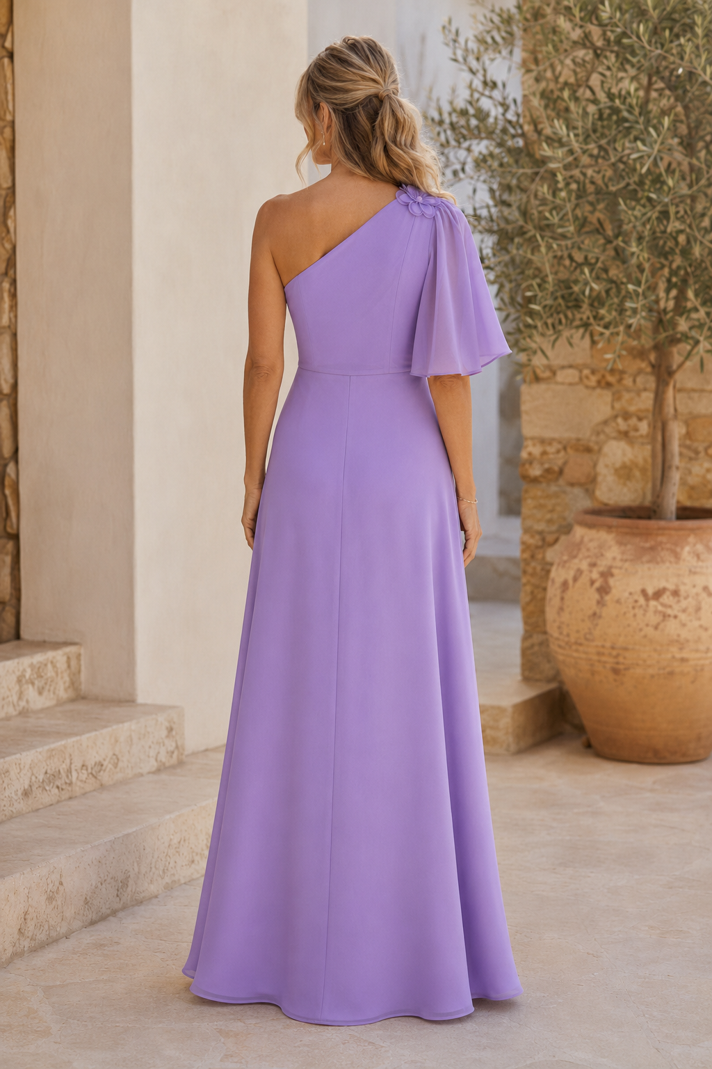 One-Shoulder Chiffon A-Line Gown with 3D Flowers