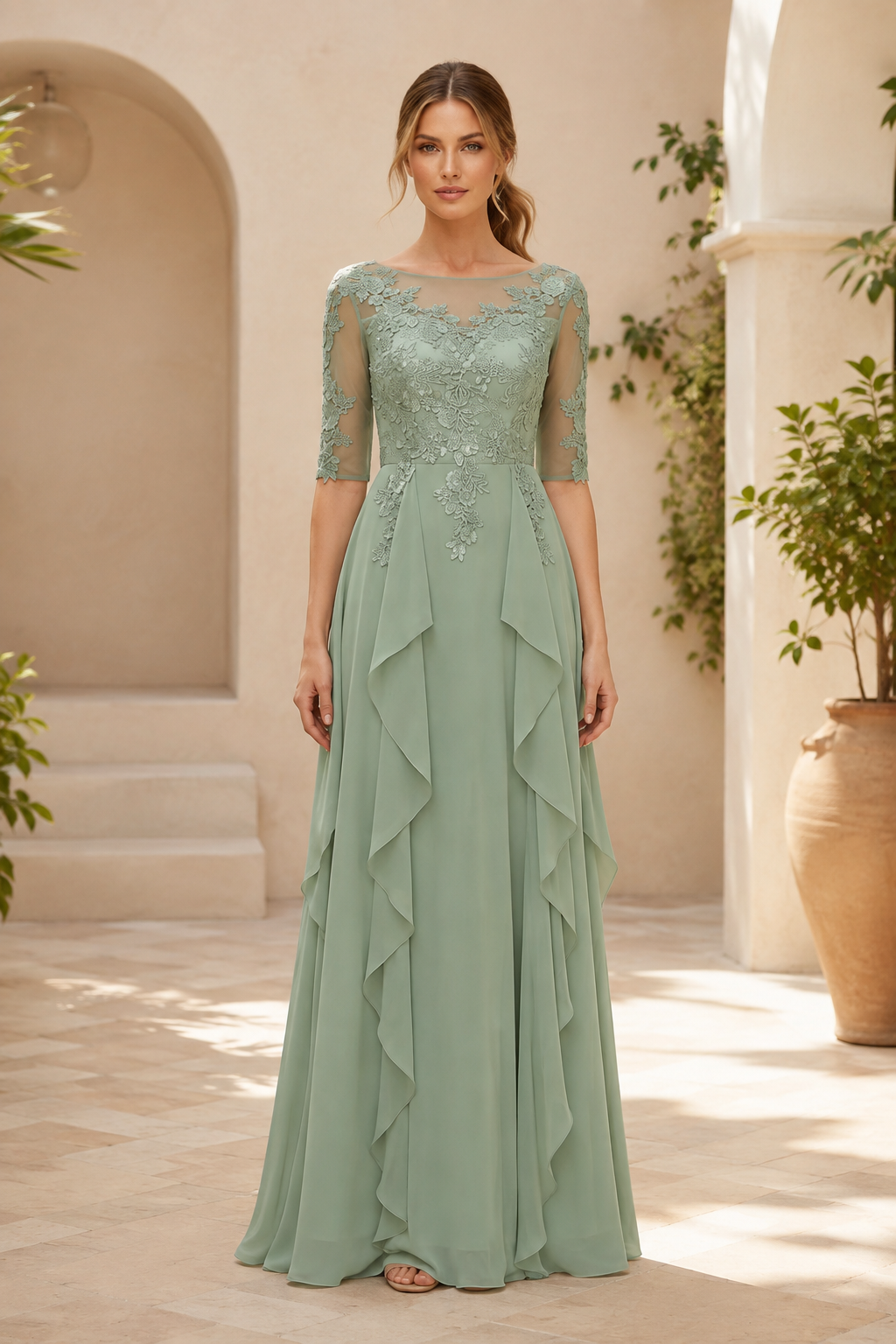 Embroidered Lace Illusion Bodice Tiered Ruffle Gown