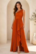 One-Shoulder Pleated Maxi Dress with Ruffle Drape
