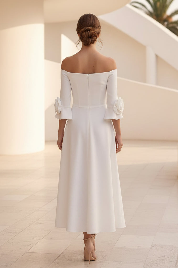 Off Shoulder Midi Dress with Rose Cuff Sleeves