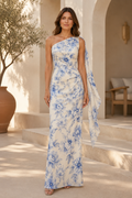 One-Shoulder Floral Print Column Gown with Draped Sash