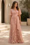 Flutter Sleeve A-Line Lace Evening Gown