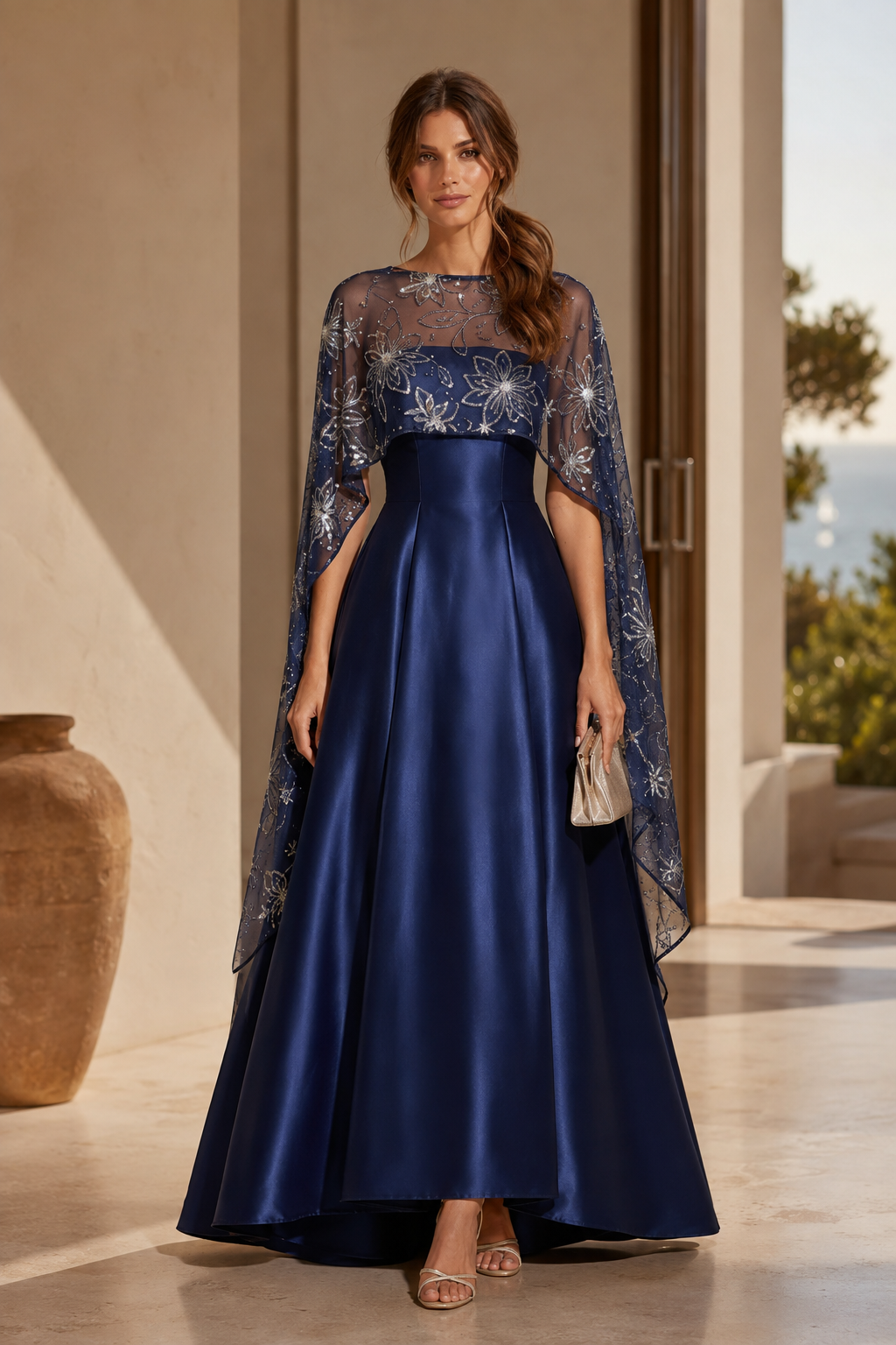 A-Line Evening Gown with Beaded Floral Capelet