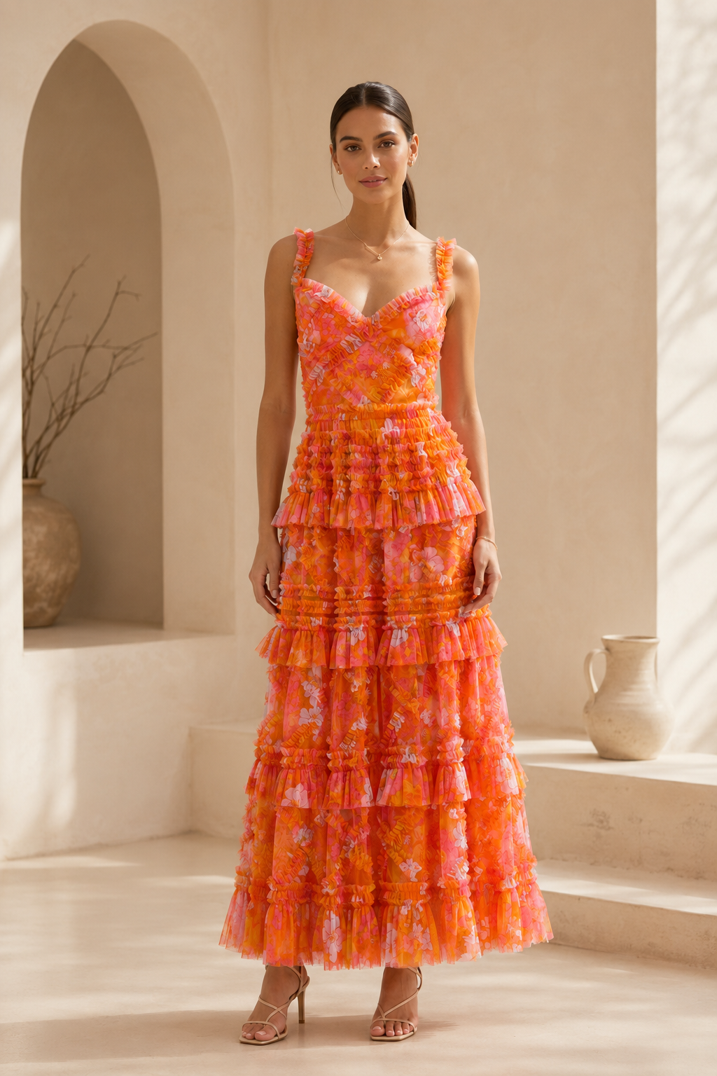 Tiered Ruffle Floral Print Maxi Dress
