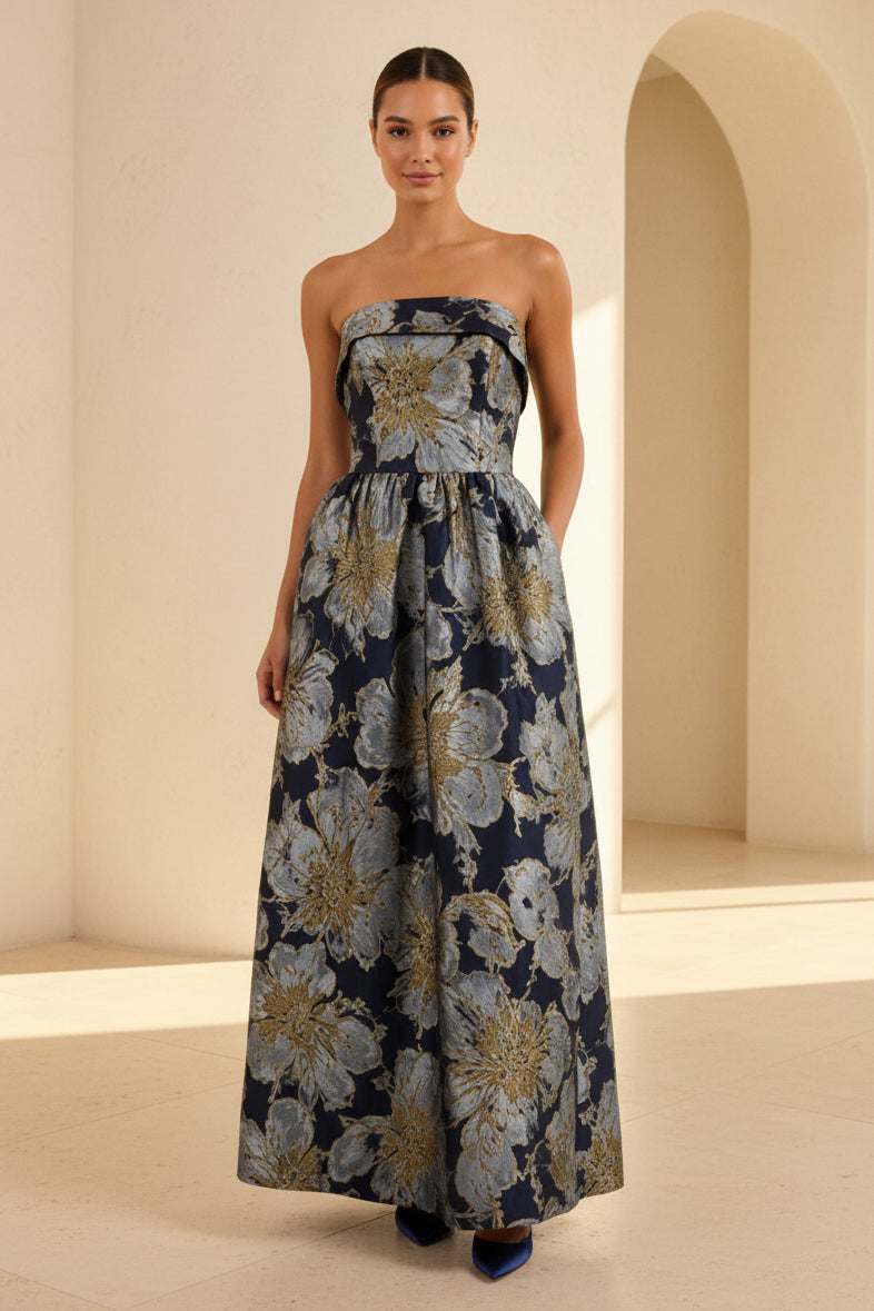Strapless Floral Print Maxi Dress with Pockets