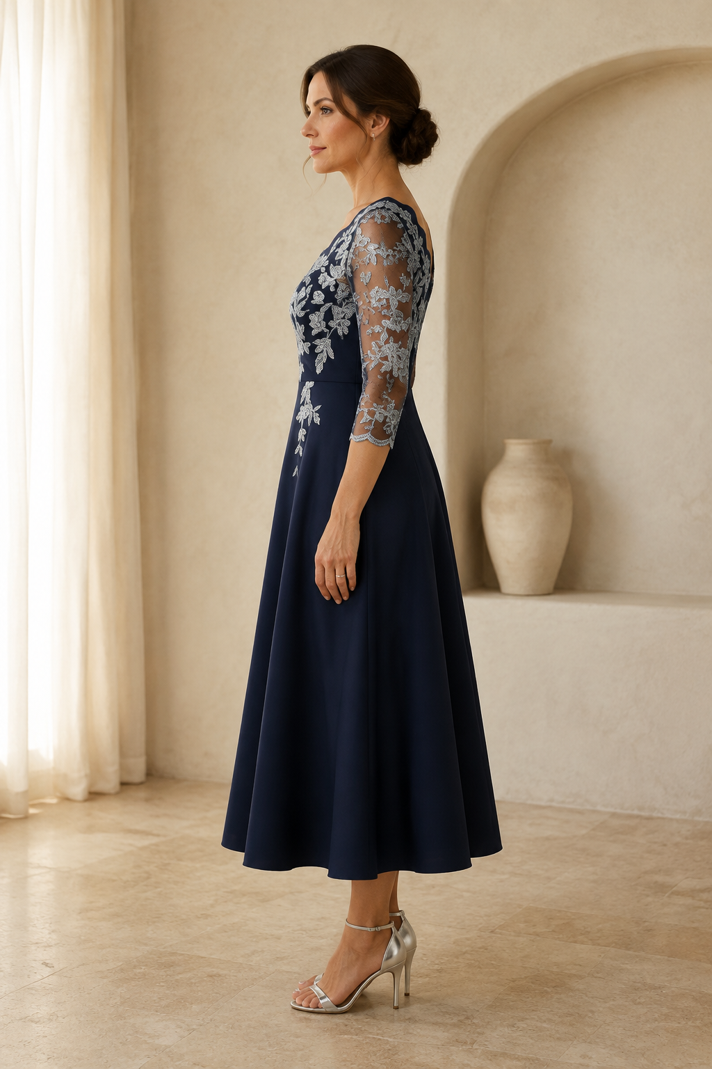 Scalloped V-Neck Tea-Length Dress with Lace Appliques