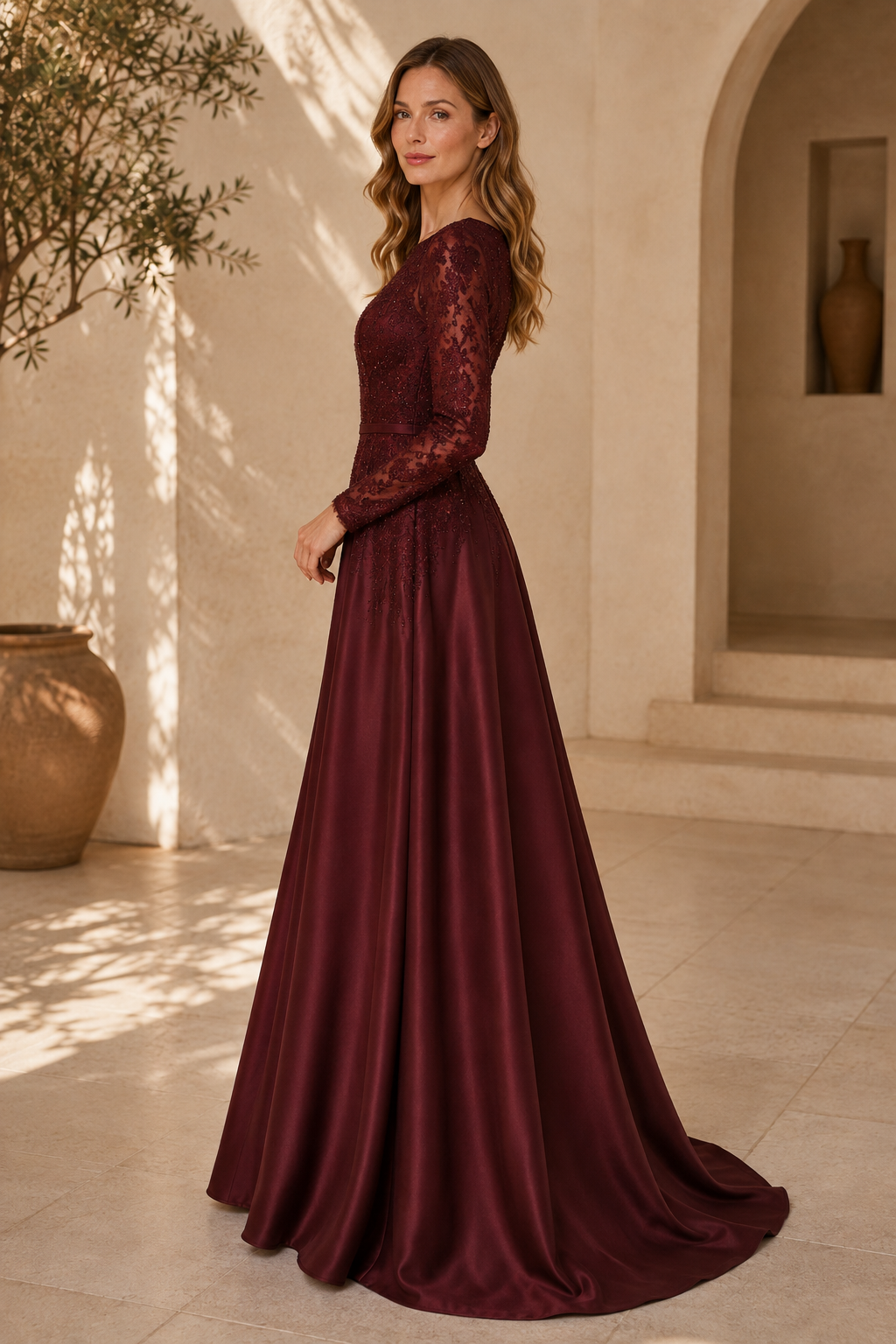 Long-Sleeve Lace Bodice A-Line Satin Gown