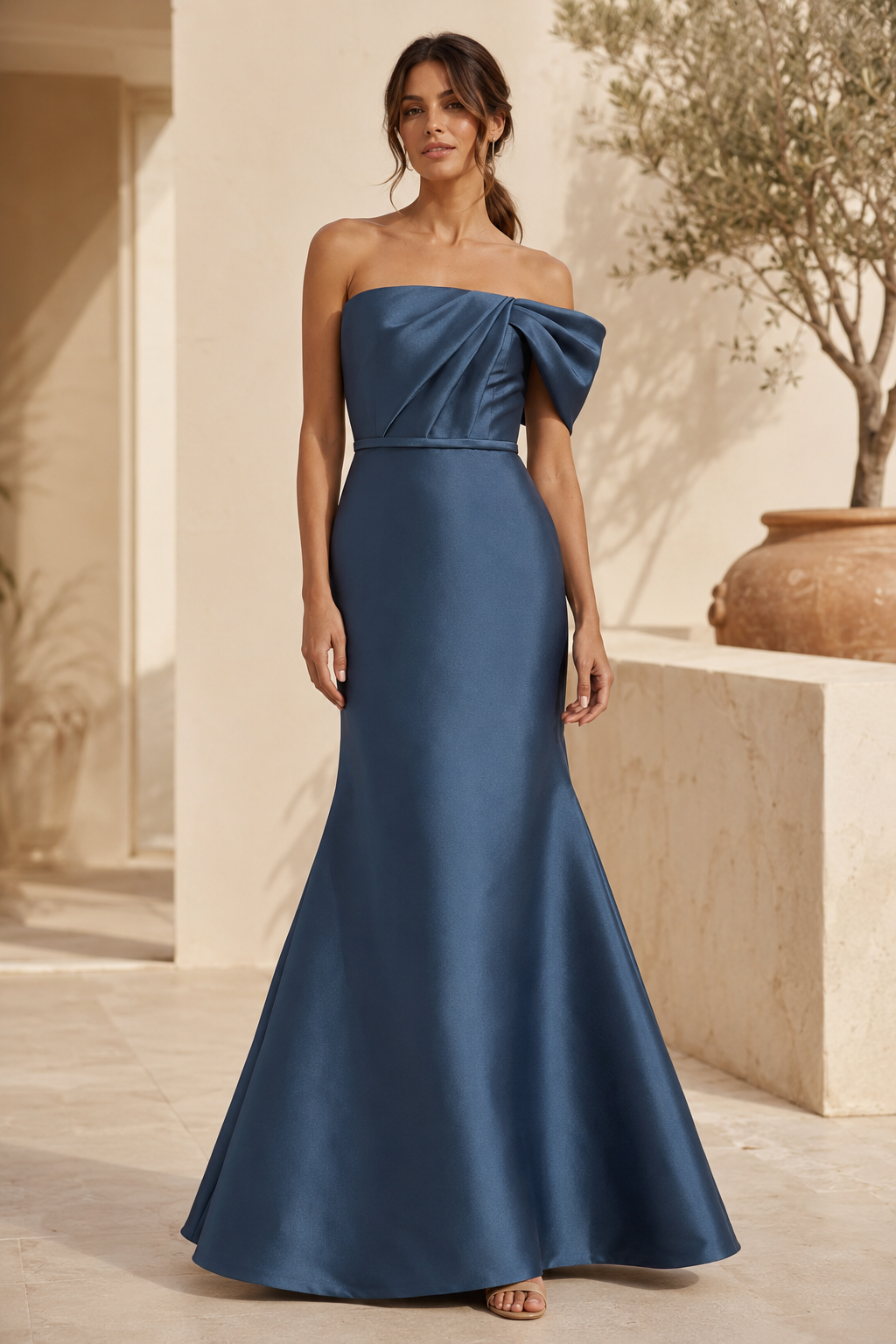 Strapless Satin Mermaid Gown with Bow Back Detail