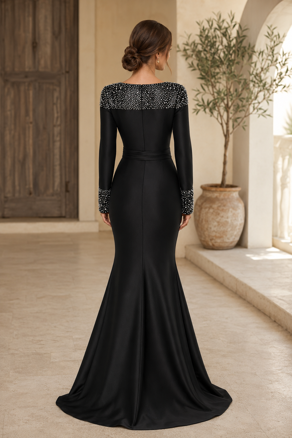 Beaded Long Sleeve Mermaid Evening Gown