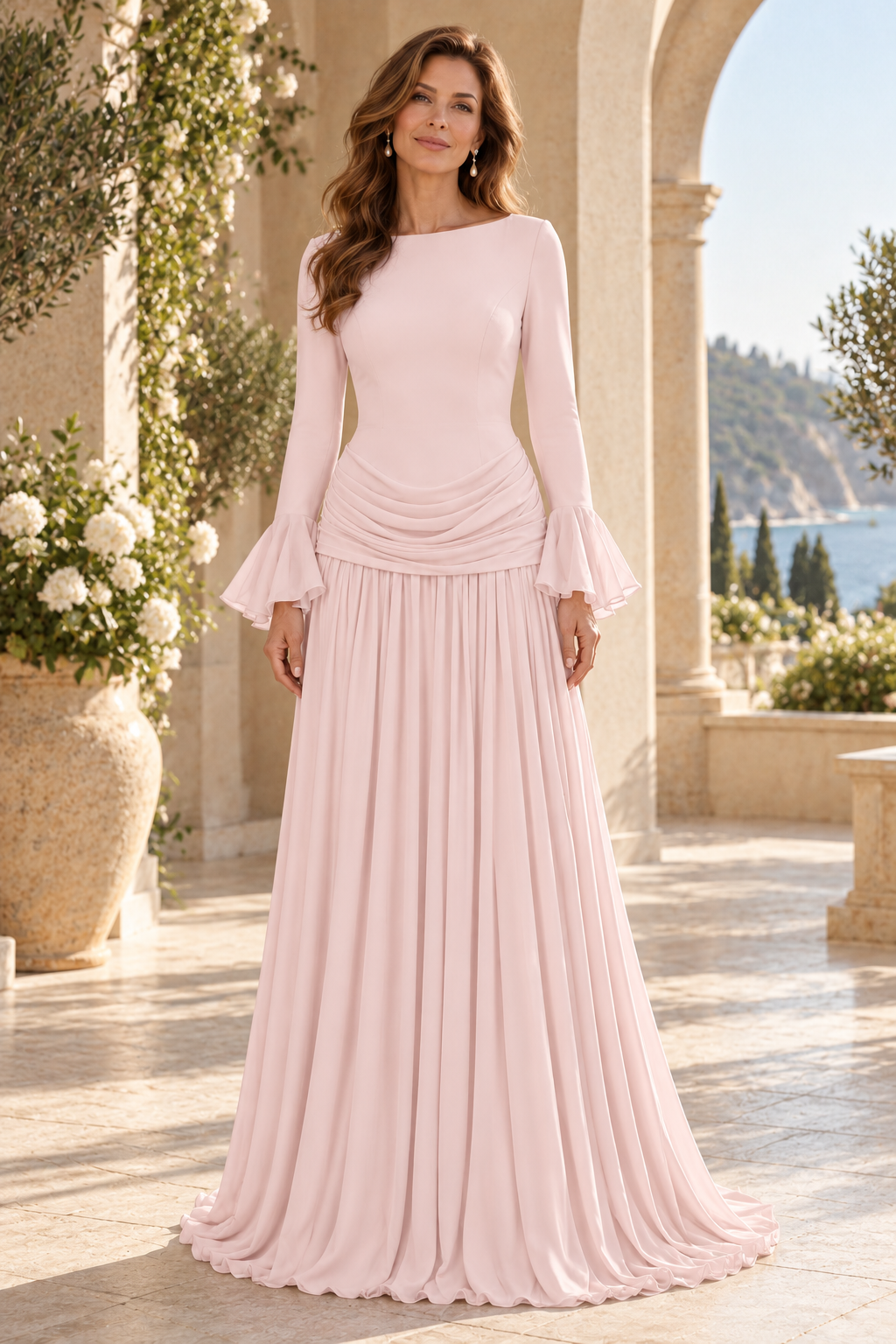 Long Sleeve Pleated Gown with Ruched Drop Waist