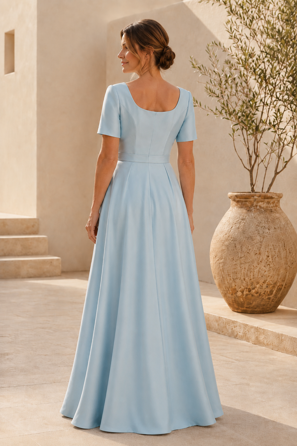 Square Neck Short Sleeve Gown with Embroidered Skirt