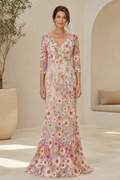 3D Floral Embroidered V-Neck Gown with 3/4 Sleeves