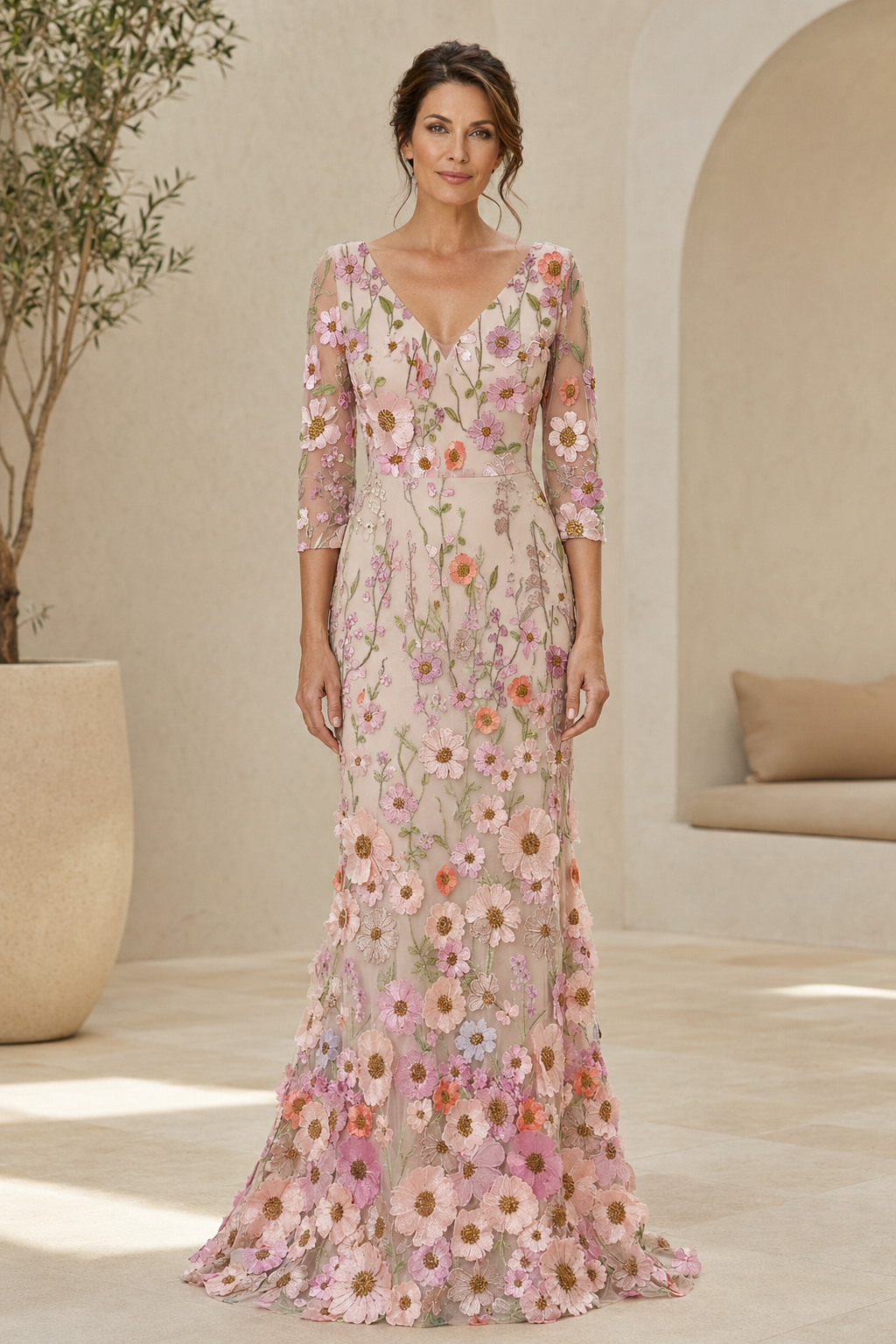 3D Floral Embroidered V-Neck Gown with 3/4 Sleeves