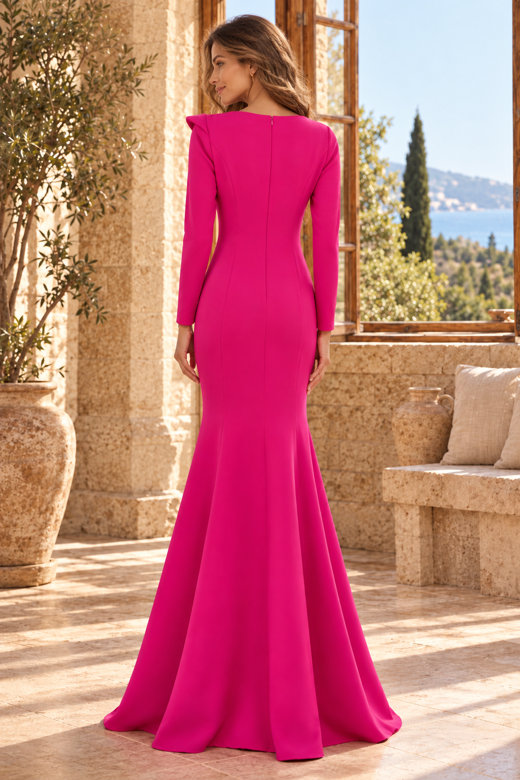 Asymmetrical Pleated Long Sleeve Mermaid Gown